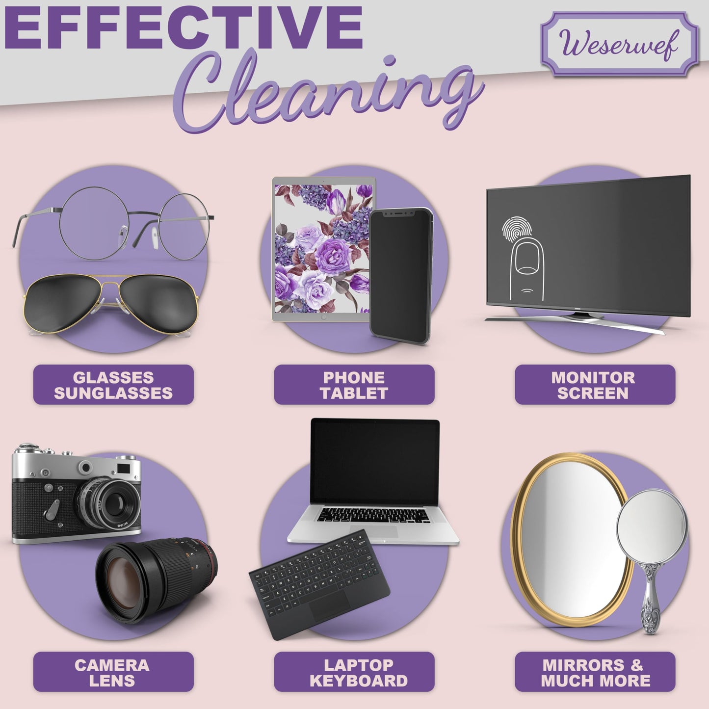 Weserwef Design Microfiber Glasses Cleaning Cloth – 12x12 in Rose & Lilac | Ultra-Soft, Scratch-Free