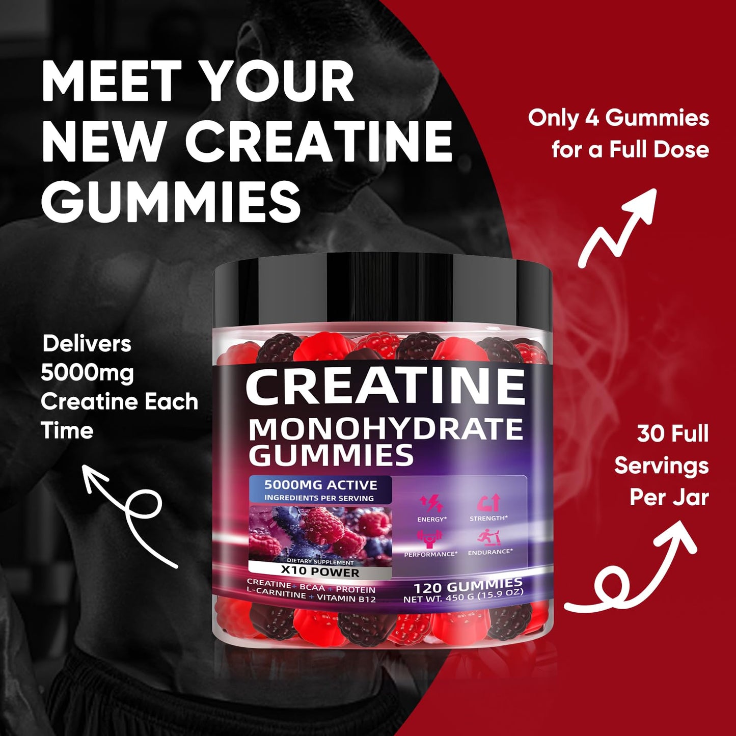 WEVYHFS SPORTS Creatine Gummies 5000mg – Sugar-Free Vegan with BCAA, L-Carnitine & B12 (120 Chews)