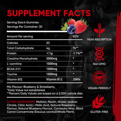 WEVYHFS SPORTS Creatine Gummies 5000mg – Sugar-Free Vegan with BCAA, L-Carnitine & B12 (120 Chews)