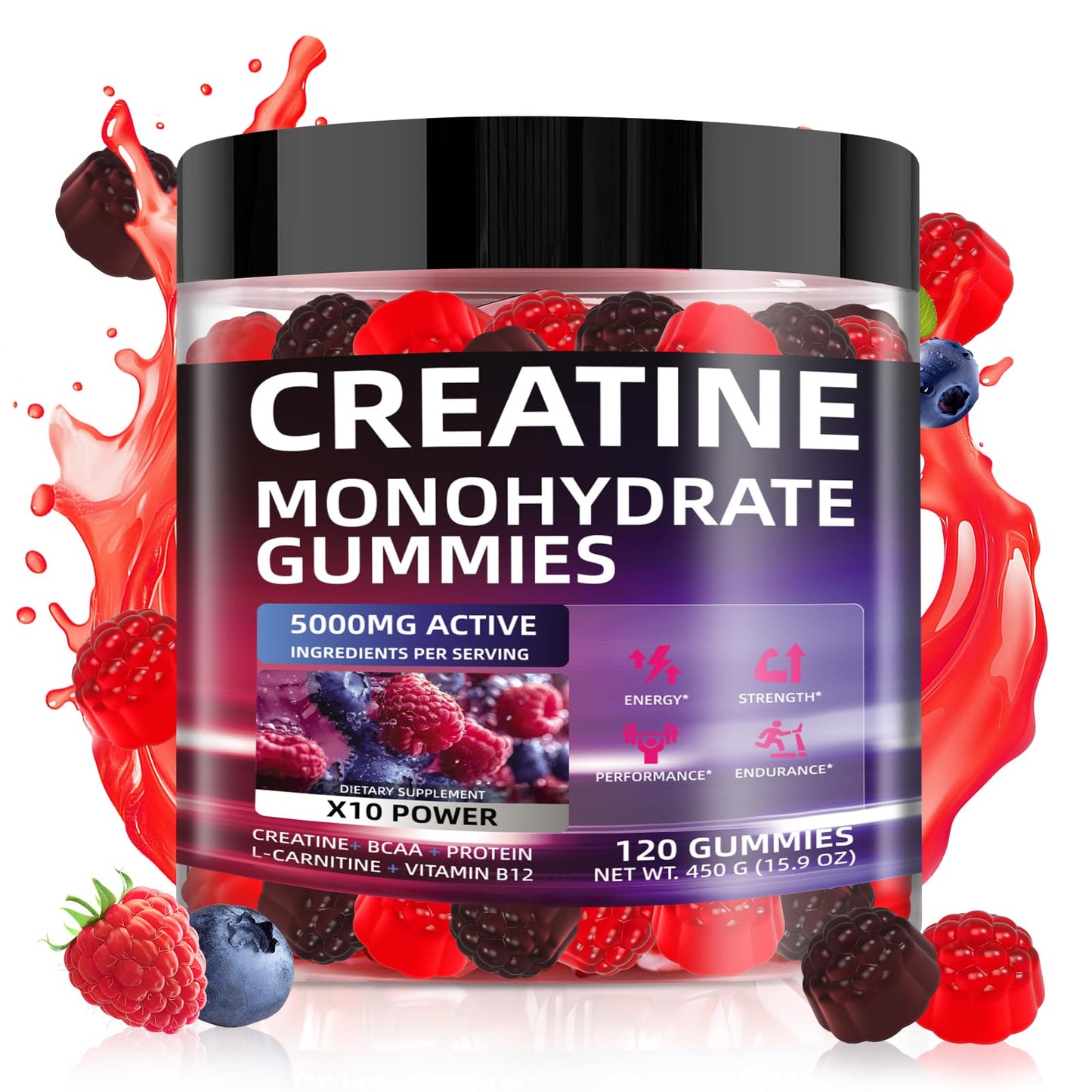 WEVYHFS SPORTS Creatine Gummies 5000mg – Sugar-Free Vegan with BCAA, L-Carnitine & B12 (120 Chews)