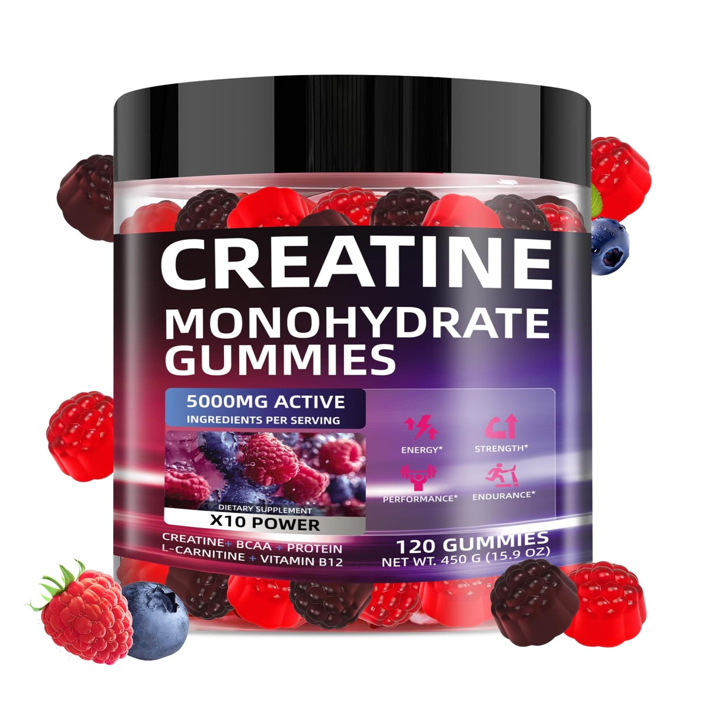 WEVYHFS SPORTS Creatine Gummies 5000mg – Sugar-Free Vegan with BCAA, L-Carnitine & B12 (120 Chews)