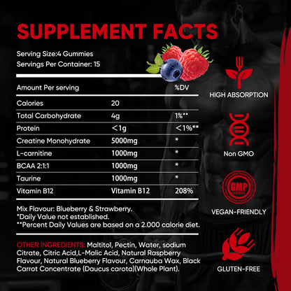 WEVYHFS Sports Creatine Gummies 60 Chews – Sugar-Free Vegan, BCAA, L-Carnitine, Taurine & B12