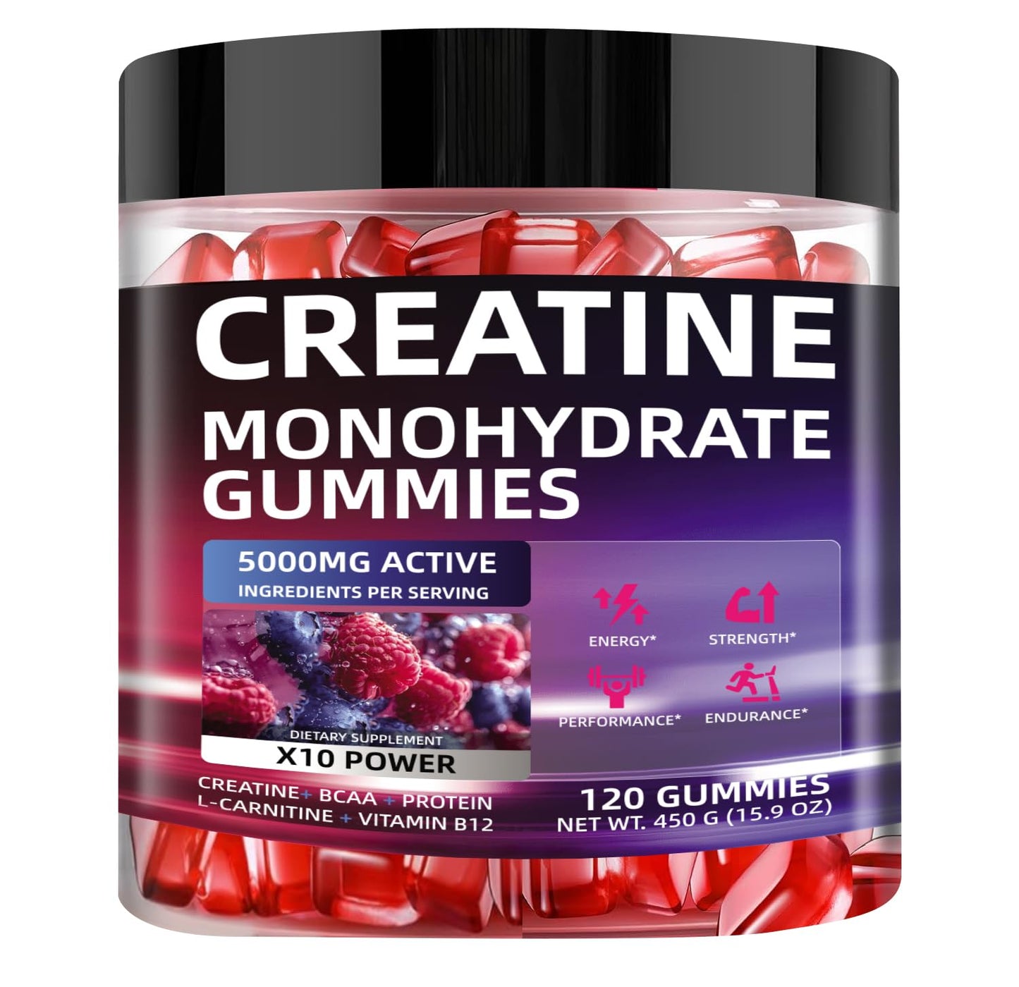 WEVYHFS SPORTS Creatine Monohydrate Gummies 5000mg – Sugar-Free Vegan w/ BCAA, L-Carnitine, Taurine & Vitamin B12 (60 Chews)