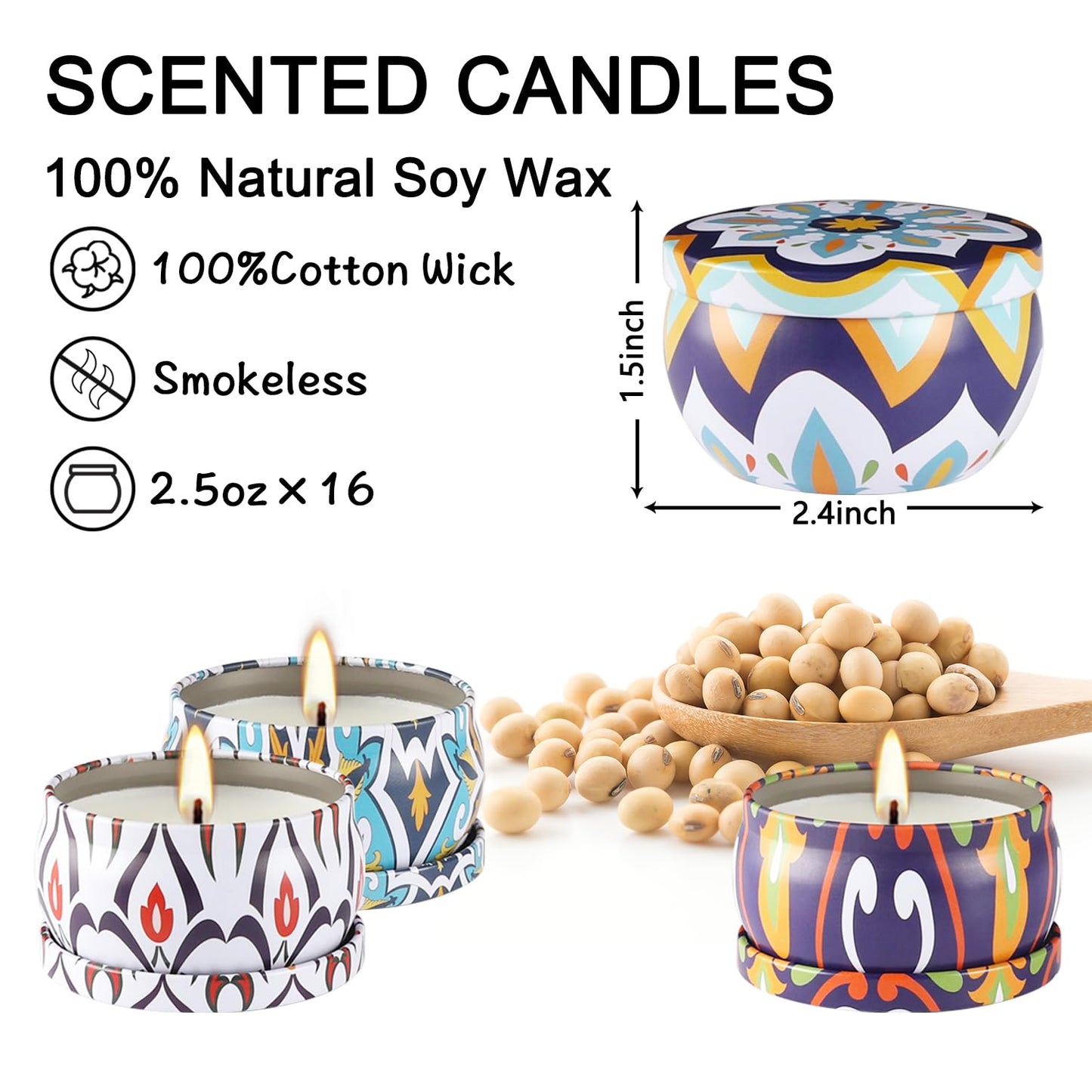 Wfmolcand 16-Pack Small Scented Candles Set – 2.5 oz Natural Soy Travel Tin Aromatherapy Gift
