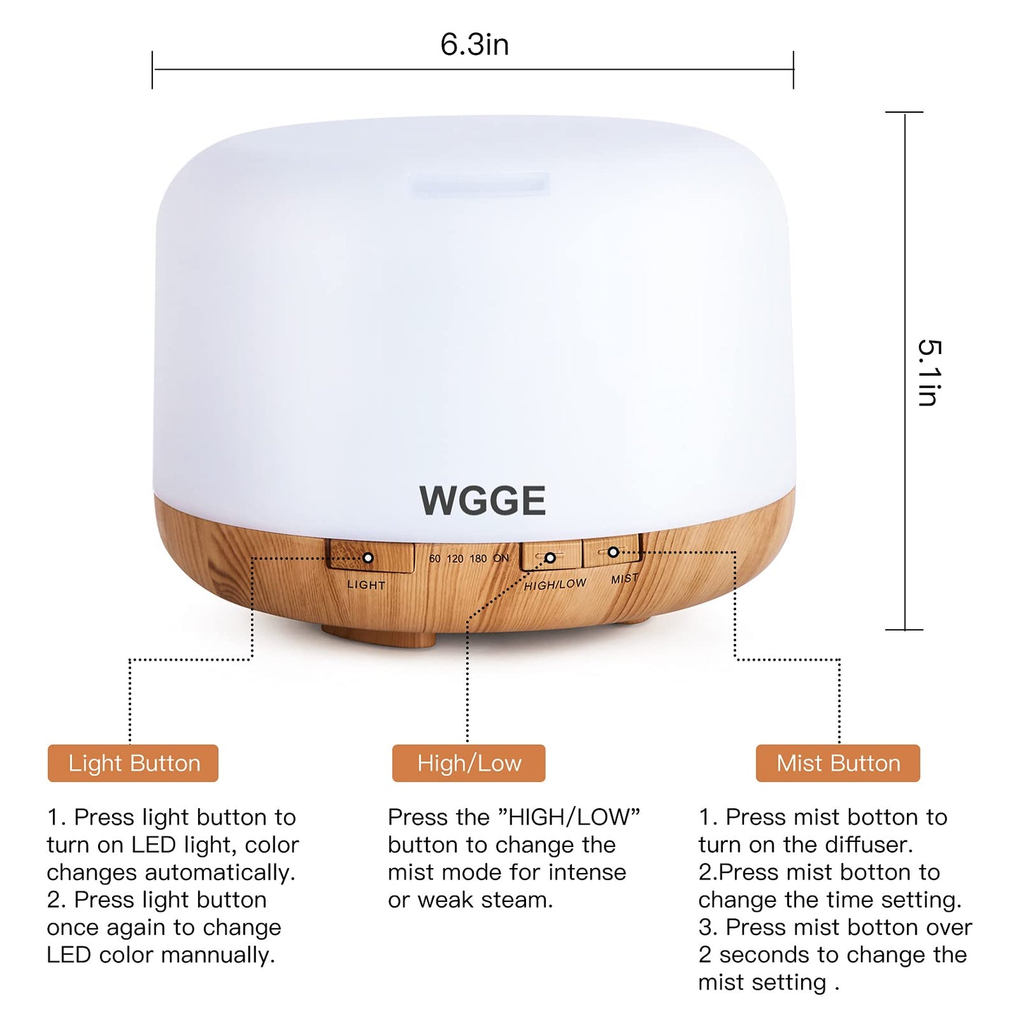 WGGE Essential Oil Diffuser 500ml – Premium Ultrasonic Vaporizer with Remote, 7 LED Colors, Timer & Auto-Off
