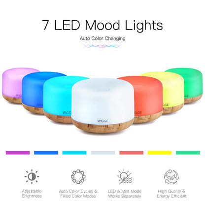 WGGE Essential Oil Diffuser 500ml – Premium Ultrasonic Vaporizer with Remote, 7 LED Colors, Timer & Auto-Off