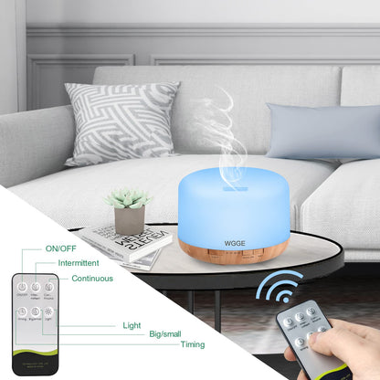 WGGE Essential Oil Diffuser 500ml – Premium Ultrasonic Vaporizer with Remote, 7 LED Colors, Timer & Auto-Off