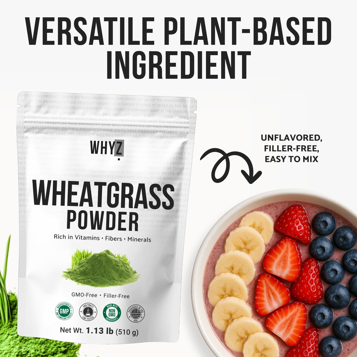 Wheatgrass Powder 100% Pure Whole-Leaf – Gluten Free, Non-GMO, Vegan | 510g