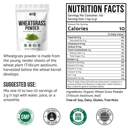 Wheatgrass Powder 100% Pure Whole-Leaf – Gluten Free, Non-GMO, Vegan | 510g