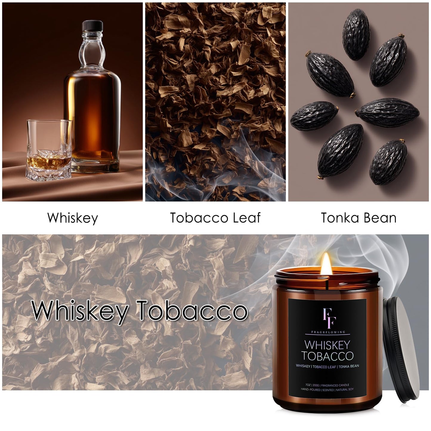 Whiskey & Tobacco Scented Candle – 7oz Soy Wax, Aromatherapy Gift