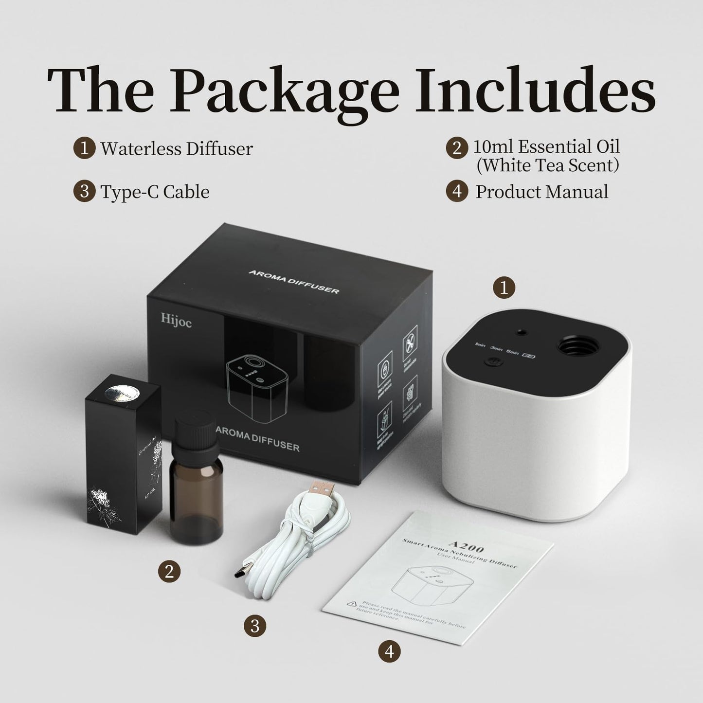 Waterless Portable Essential Oil Diffuser – Battery-Operated Mini Diffuser with 3 Mist Modes, 10ml Oil Included (White)