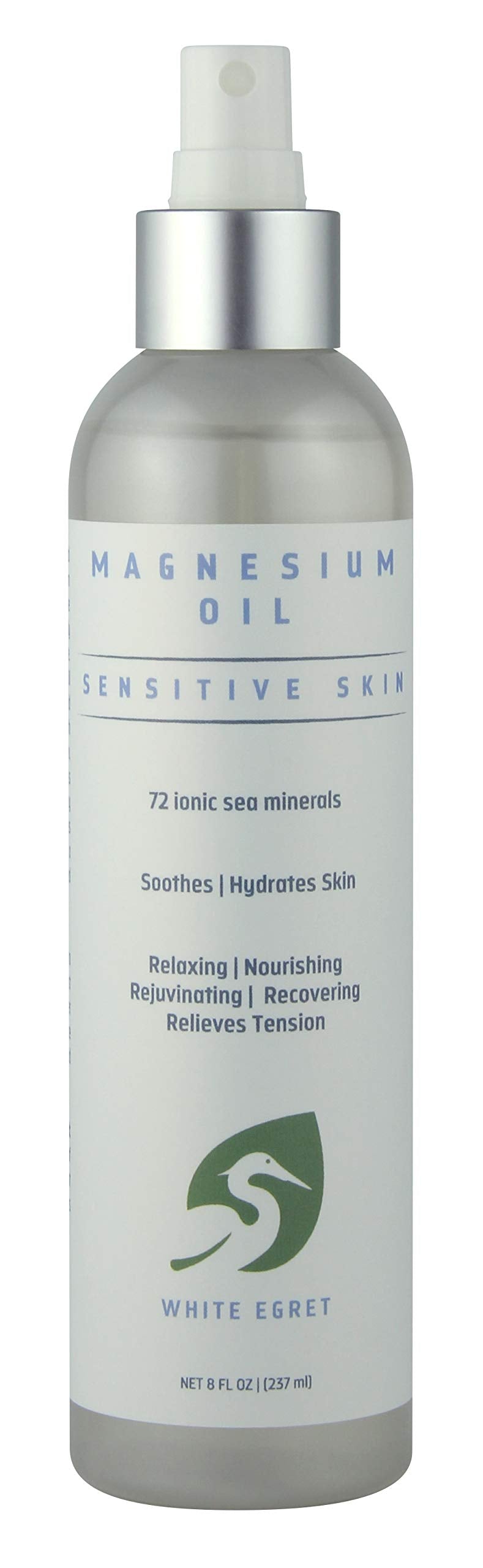 White Egret Magnesium Oil Spray for Sensitive Skin – 72 Ionic Sea Minerals – 8 oz