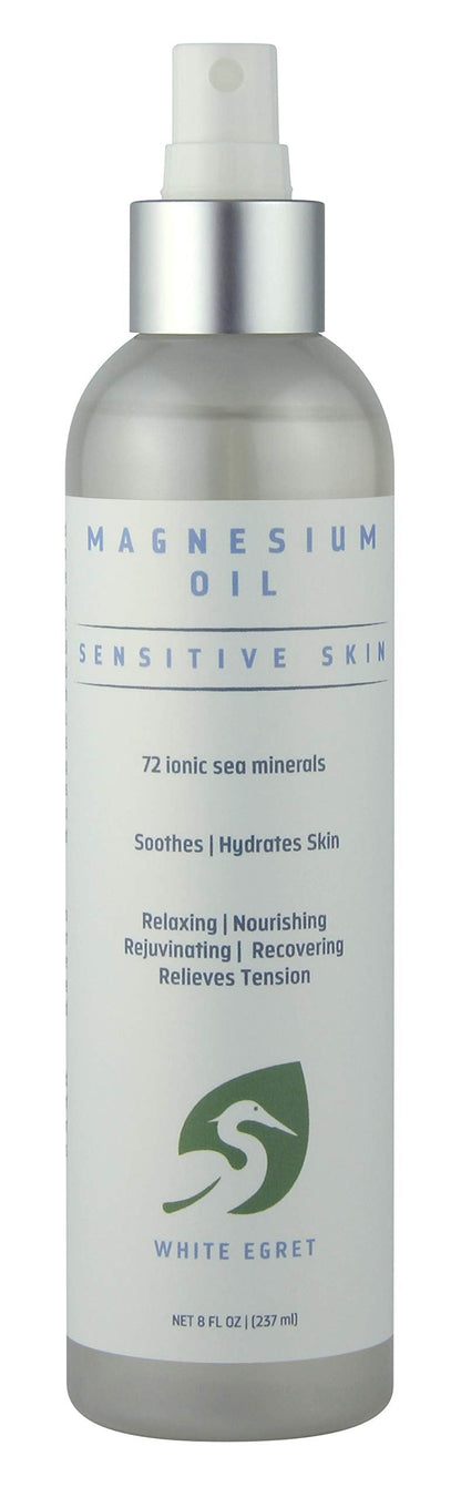 White Egret Magnesium Oil Spray for Sensitive Skin – 72 Ionic Sea Minerals – 8 oz