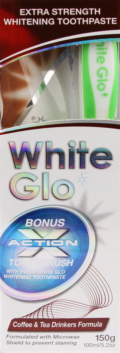 White Glo Coffee and Tea Drinkers Whitening Toothpaste + Bonus X Action Toothbrush | 5.2 oz