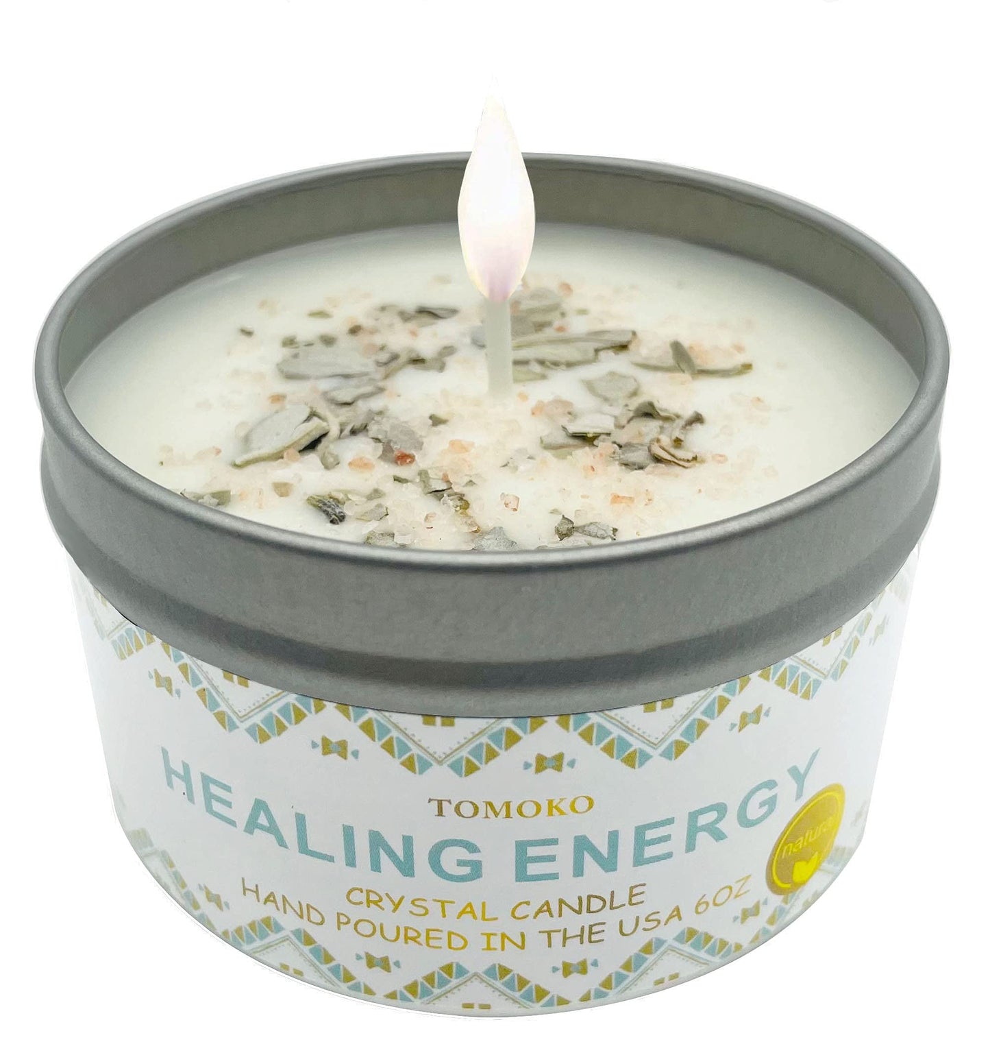 White Sage Candle with Sage Leaf, Himalayan Crystal Salt & Essential Oil | Healing Energy