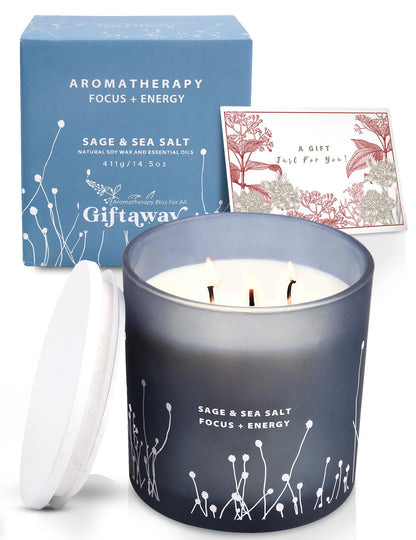 White Sage Sea Salt 3 Wick Candle – 14.5 oz Soy Candle for Cleansing & Aromatherapy
