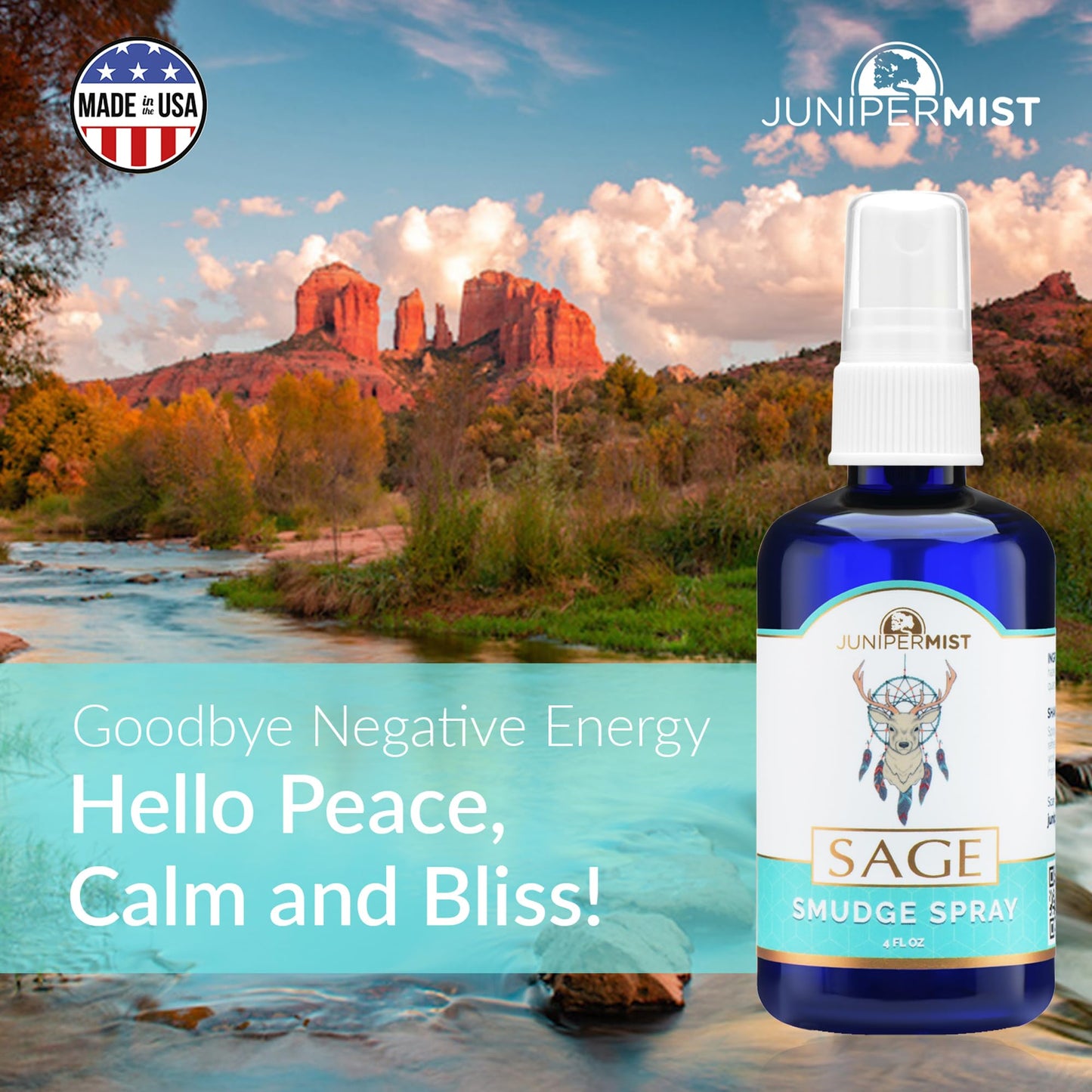 White Sage Smudge Spray (4oz) - Cleanse & Protect - Smokeless Sage Mist with Real Quartz - Made in USA