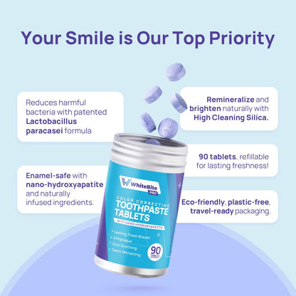 Whitebite Pro Color Correcting Toothpaste Tablets – Nano Hydroxyapatite | Fresh Breath & Whitening