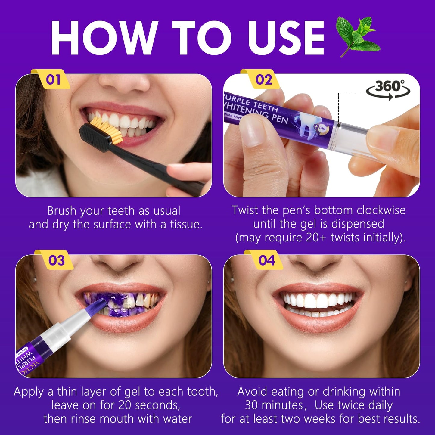 Teeth Whitening Pen 6 Pack—Purple Gel, No-Sensitivity Formula, Mint Fresh Breath