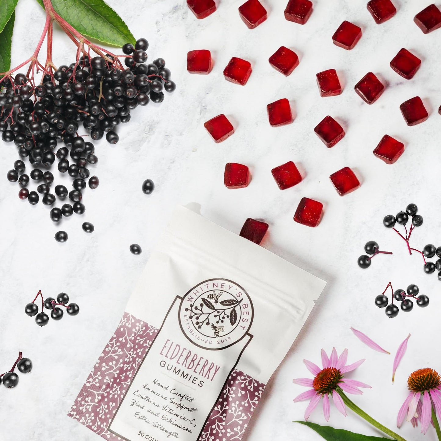 Whitney's Best Elderberry Gummies 30ct - Immune Support with Vitamin C, Zinc & Echinacea - for Adults & Kids - Vegan