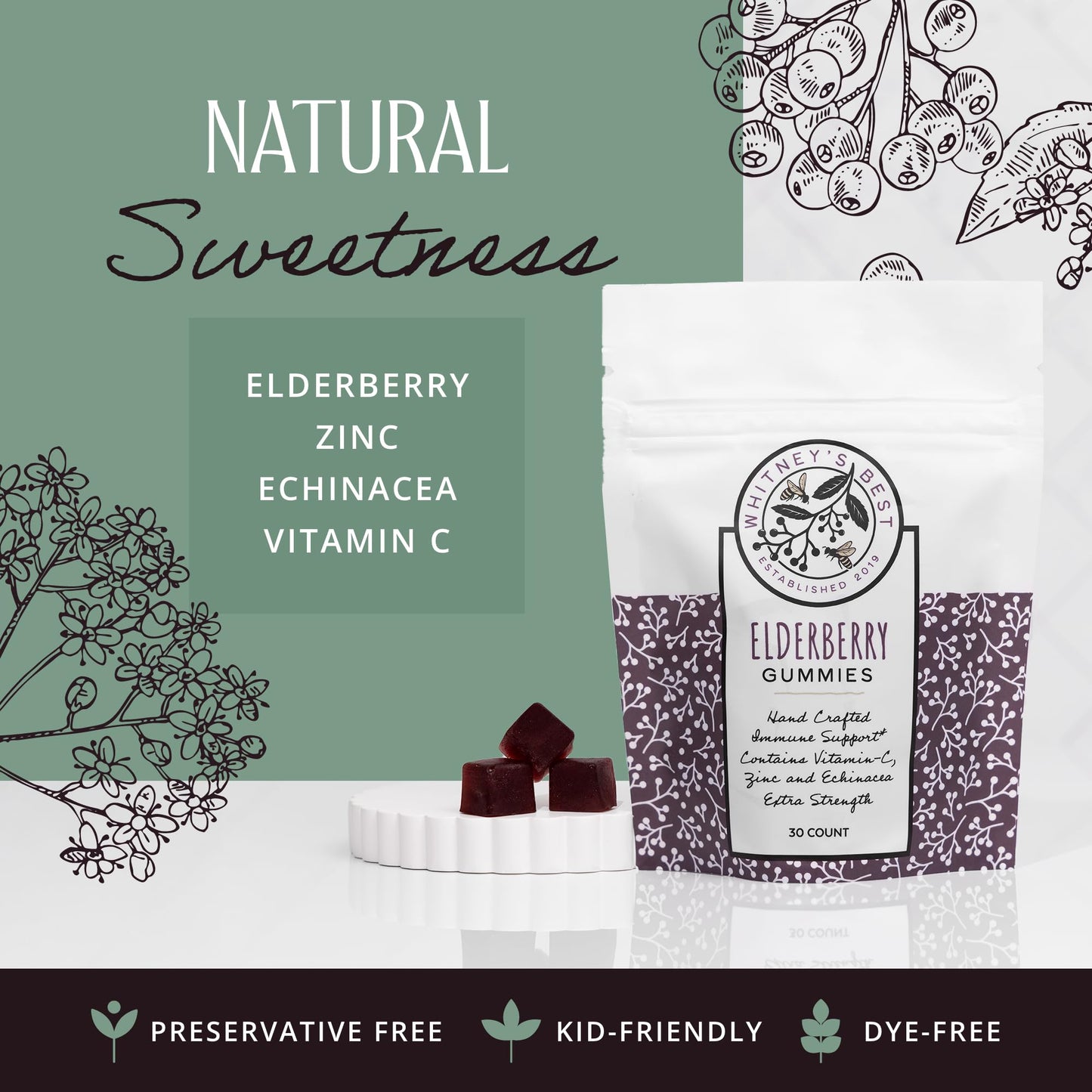 Whitney's Best Elderberry Gummies 30ct - Immune Support with Vitamin C, Zinc & Echinacea - for Adults & Kids - Vegan