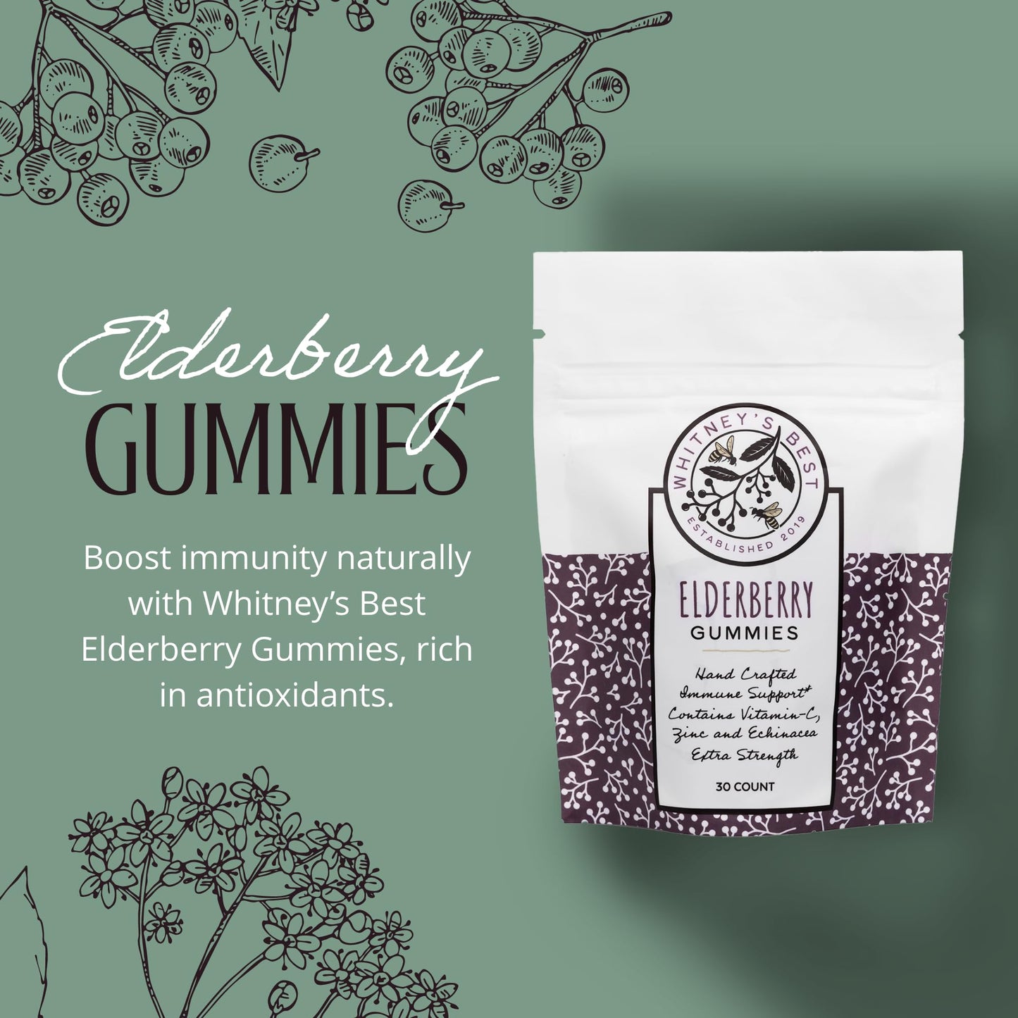 Whitney's Best Elderberry Gummies 30ct - Immune Support with Vitamin C, Zinc & Echinacea - for Adults & Kids - Vegan