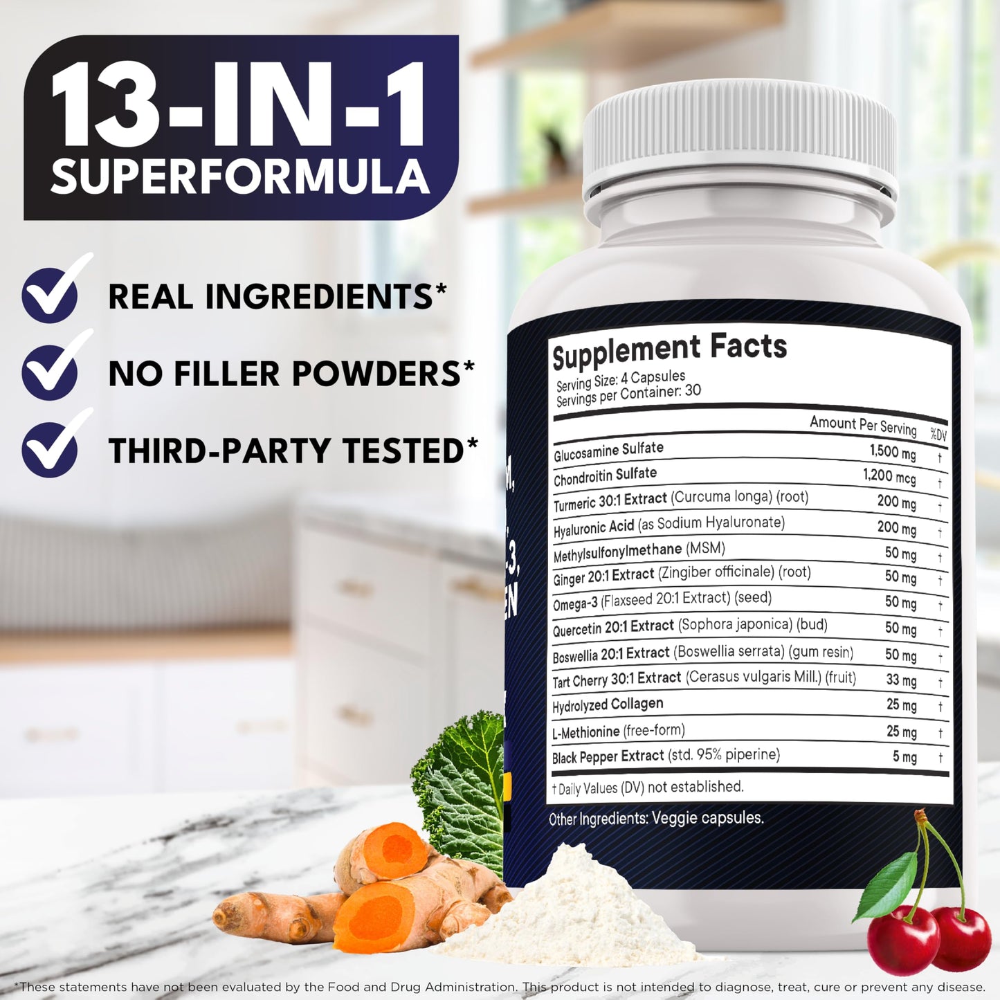 Glucosamine Chondroitin MSM + Turmeric Curcumin, Collagen, Hyaluronic Acid, Omega-3 – Health Supplement 360 Count