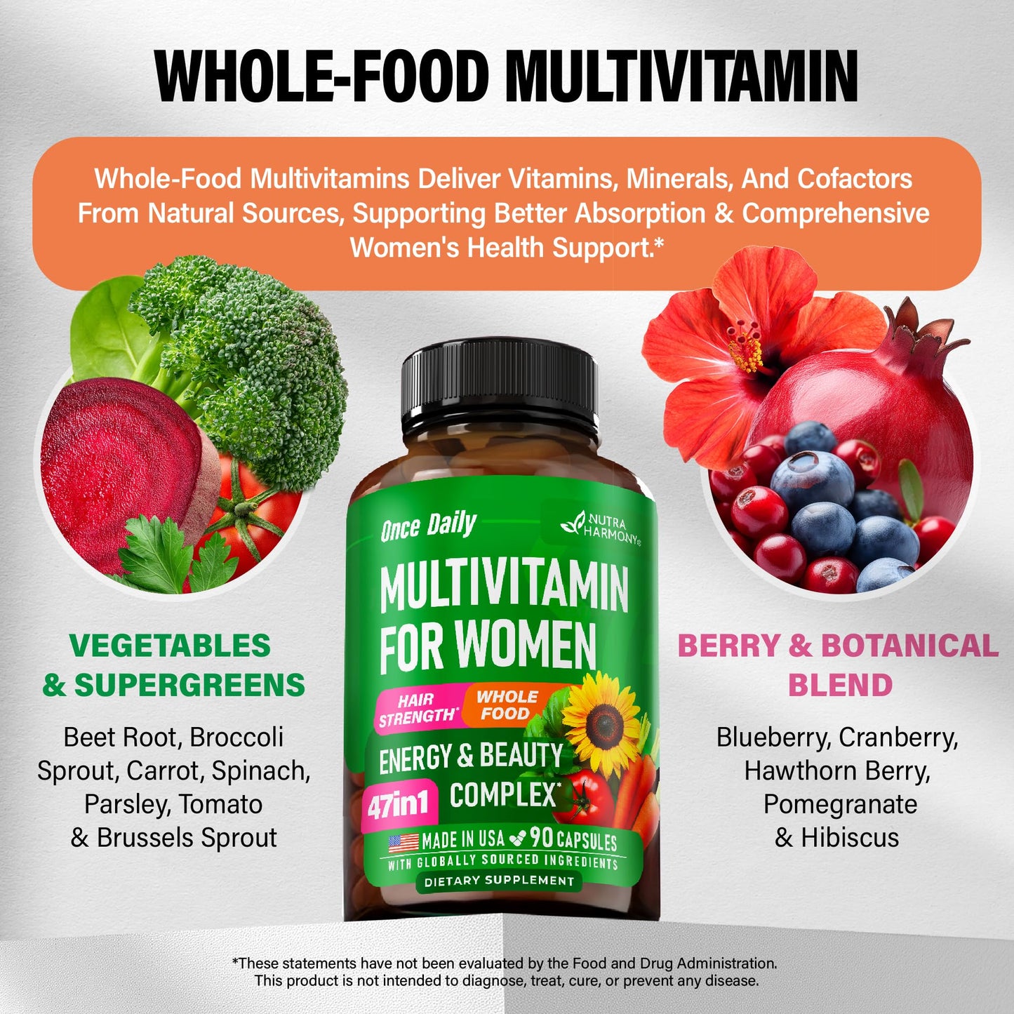 Multivitamin for Women 47-in-1 | Hair Growth, Digestion & Metabolism | Iron | Made in USA | 90 Capsules