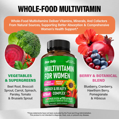 Multivitamin for Women 47-in-1 | Hair Growth, Digestion & Metabolism | Iron | Made in USA | 90 Capsules