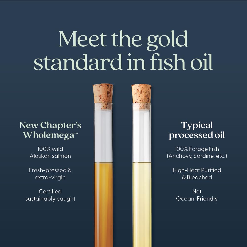 New Chapter Wholemega Fish Oil – 2000mg per Serving, Wild Alaskan Salmon Oil + Vitamin D3, 60 Softgels