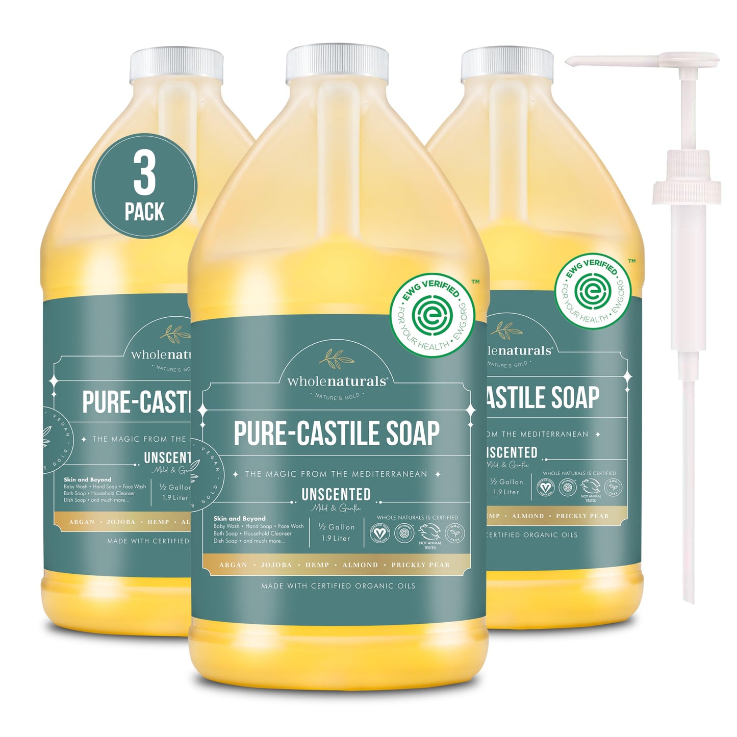 WHOLENATURALS Pure Castile Soap Liquid – EWG Verified, Palm Oil Free, Unscented & Vegan 3-Pack