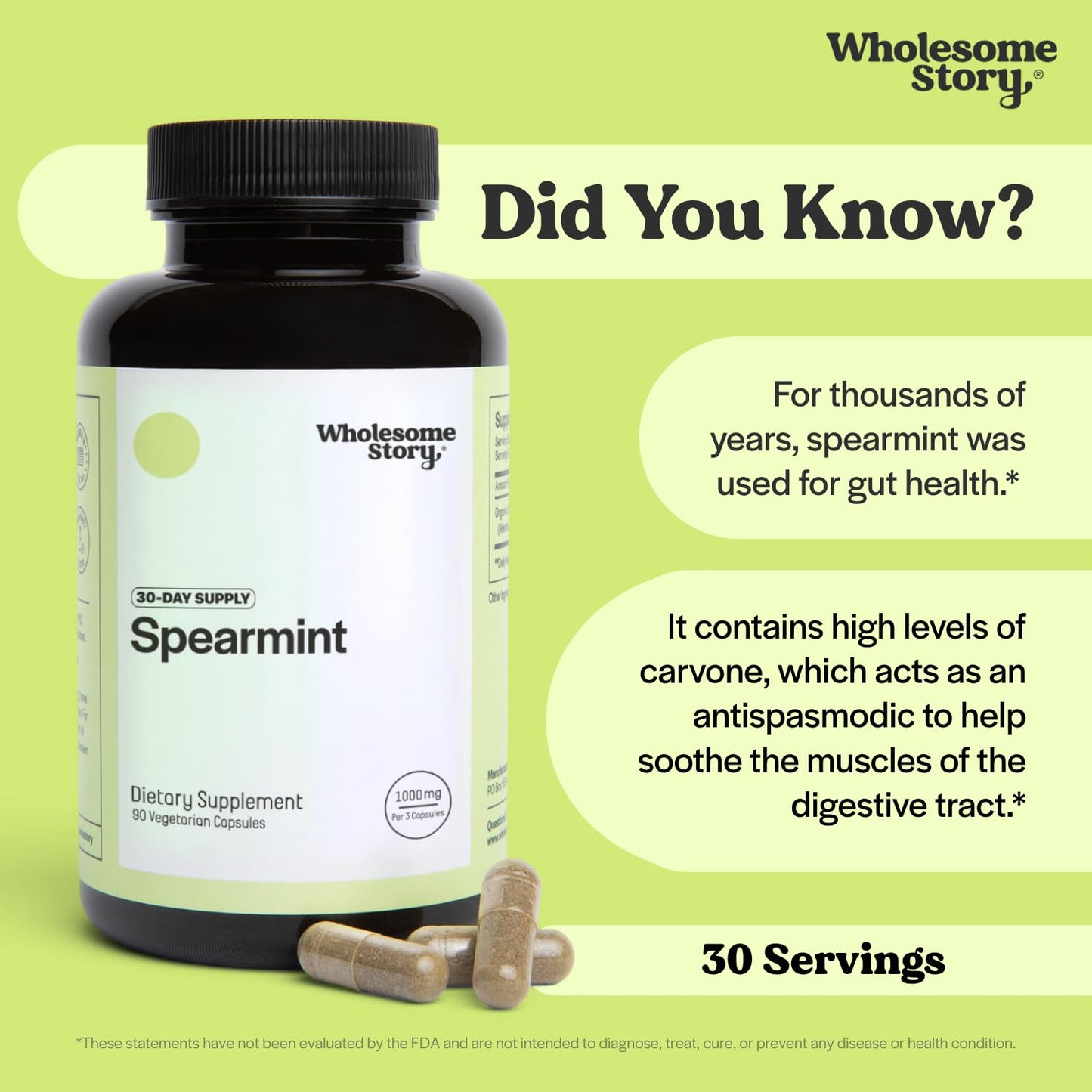 Wholesome Story Organic Spearmint Capsules - 1000mg Spearmint Leaf, Supports Hormones & Digestion | Mentha Spicata