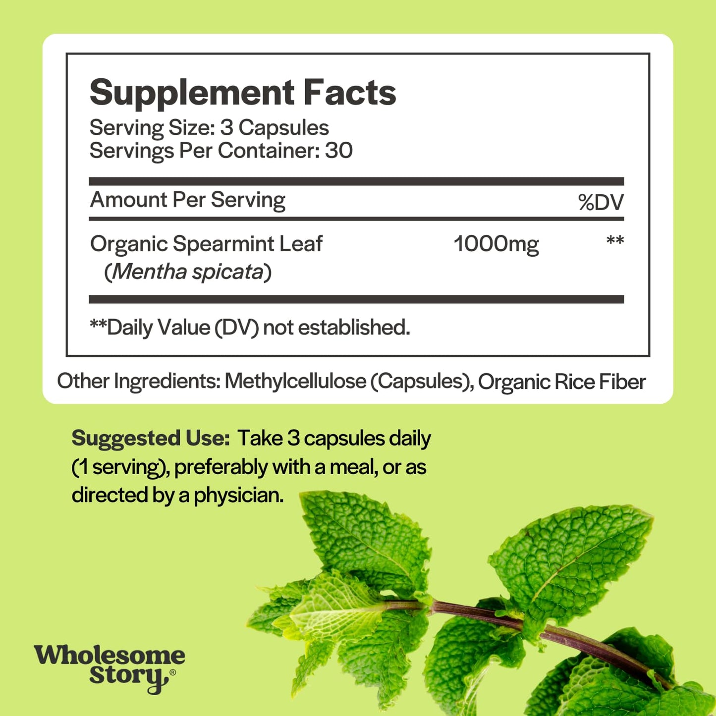 Wholesome Story Organic Spearmint Capsules - 1000mg Spearmint Leaf, Supports Hormones & Digestion | Mentha Spicata
