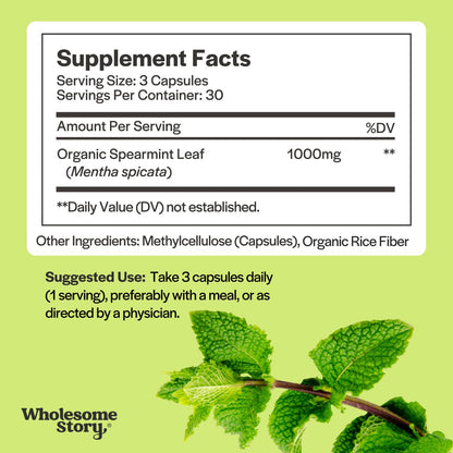 Wholesome Story Organic Spearmint Capsules - 1000mg Spearmint Leaf, Supports Hormones & Digestion | Mentha Spicata