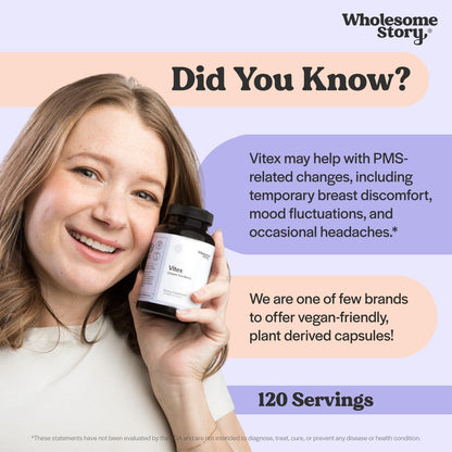 Wholesome Story Organic Vitex Chasteberry Supplement for Women – Hormone Balance & Period Support | 120 Capsules
