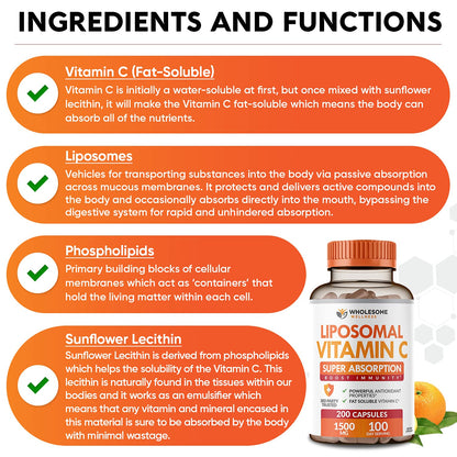 Wholesome Wellness Liposomal Vitamin C - 200 Capsules, 1500mg | High Absorption