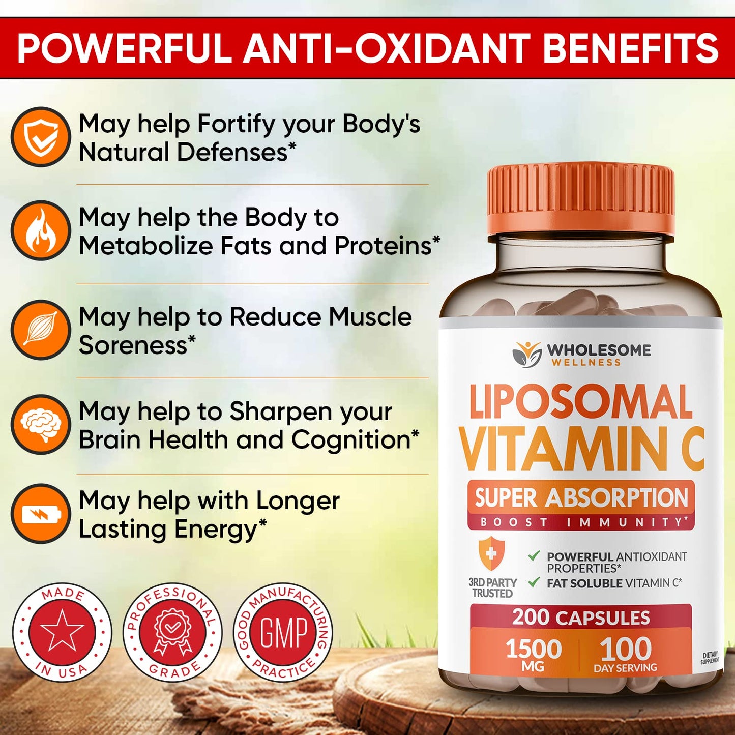 Wholesome Wellness Liposomal Vitamin C - 200 Capsules, 1500mg | High Absorption