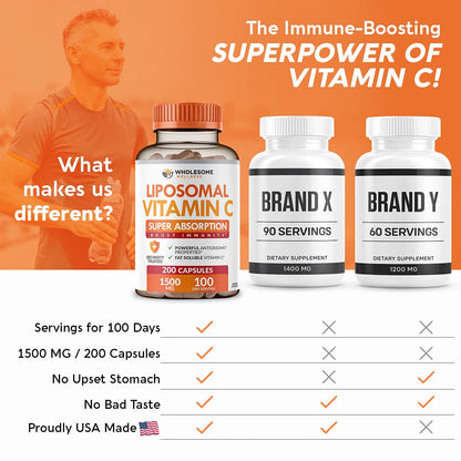 Wholesome Wellness Liposomal Vitamin C - 200 Capsules, 1500mg | High Absorption