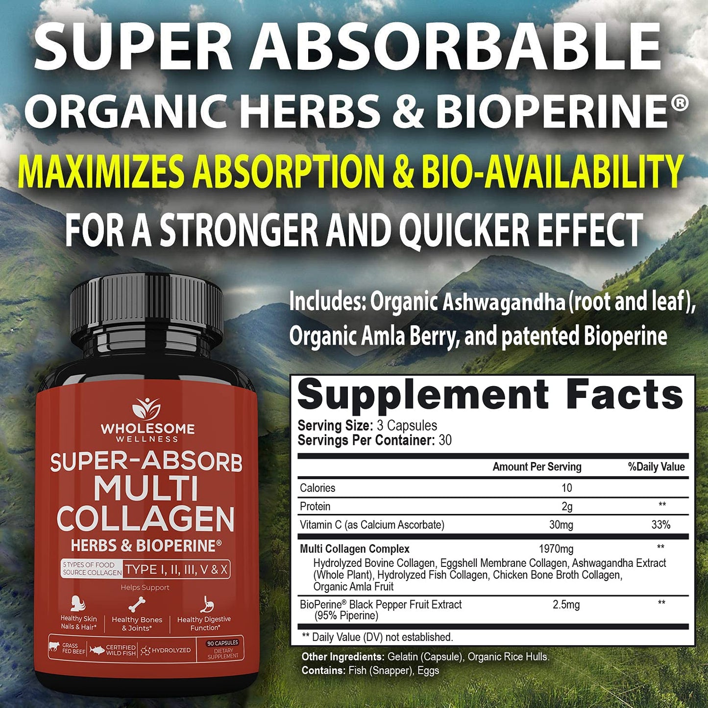 Wholesome Wellness Multi-Collagen Pills – 5 Types I-V, Organic Herbs