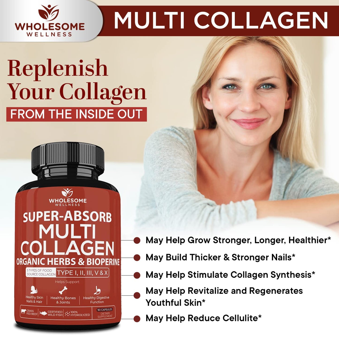 Wholesome Wellness Multi-Collagen Pills – 5 Types I-V, Organic Herbs