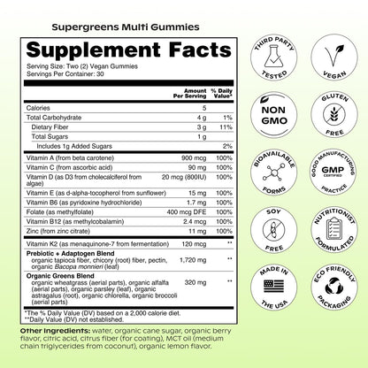 Wholier Supergreens Multi Gummies – Daily Greens with Prebiotics, Adaptogens & 9 Essential Vitamins | 60 Gummies