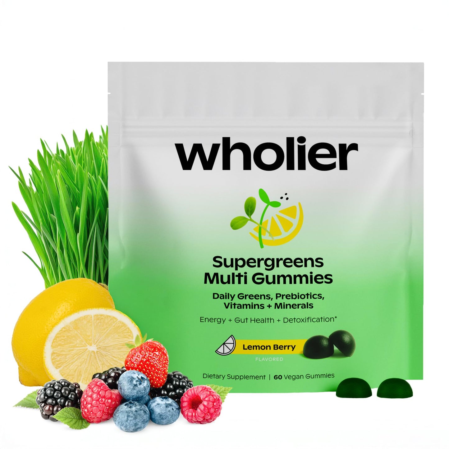 Wholier Supergreens Multi Gummies – Daily Greens with Prebiotics, Adaptogens & 9 Essential Vitamins | 60 Gummies