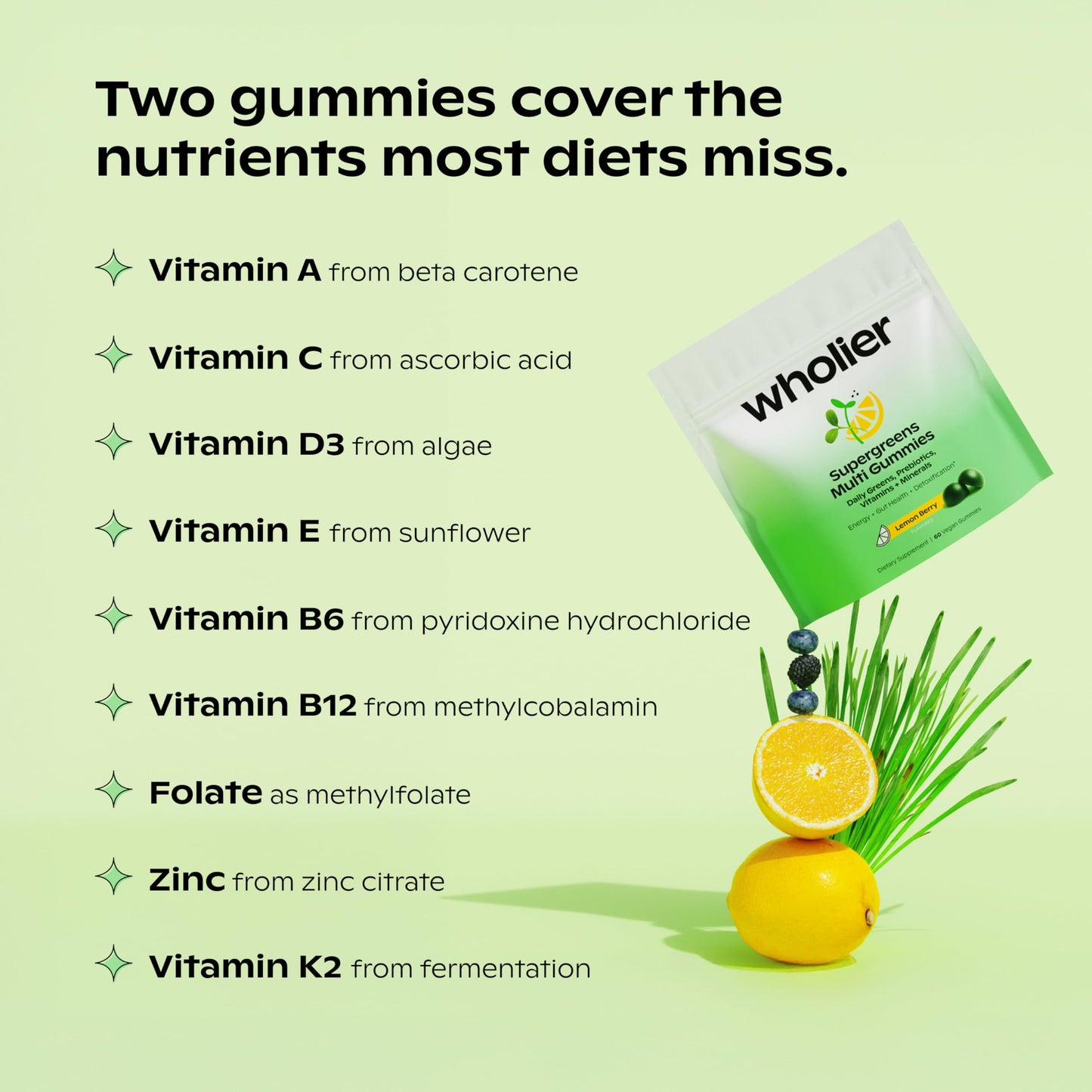 Wholier Supergreens Multi Gummies – Daily Greens with Prebiotics, Adaptogens & 9 Essential Vitamins | 60 Gummies