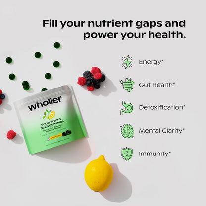 Wholier Supergreens Multi Gummies – Daily Greens with Prebiotics, Adaptogens & 9 Essential Vitamins | 60 Gummies