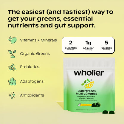 Wholier Supergreens Multi Gummies – Daily Greens with Prebiotics, Adaptogens & 9 Essential Vitamins | 60 Gummies
