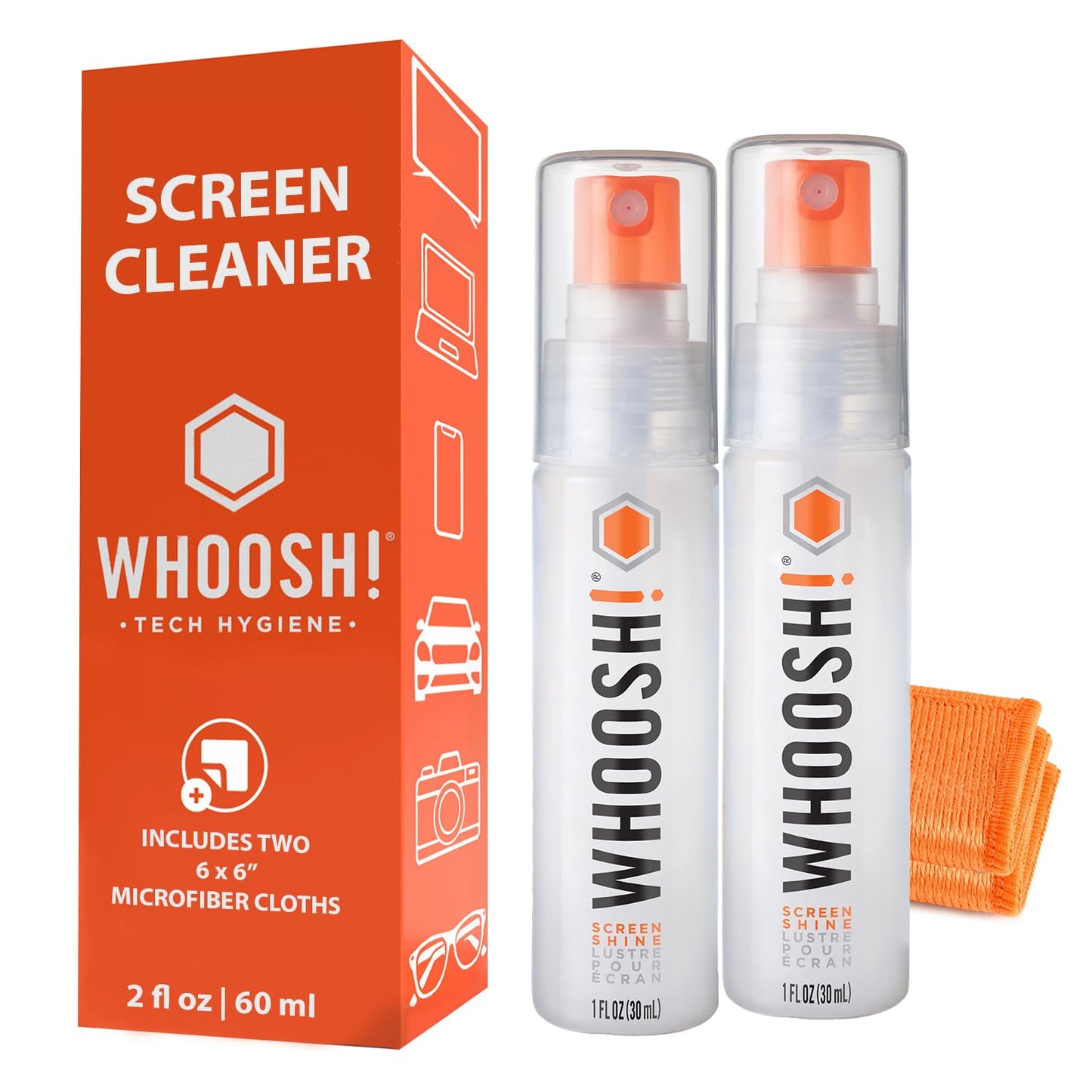 WHOOSH! Screen Shine Go 2-Pack – 2 x 1 oz Refillable Screen Cleaners with Microfiber Cloths | TSA-Approved
