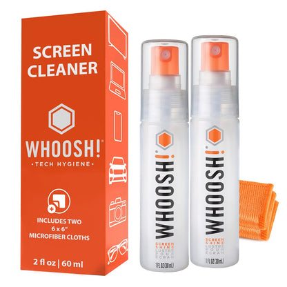 WHOOSH! Screen Shine Go 2-Pack – 2 x 1 oz Refillable Screen Cleaners with Microfiber Cloths | TSA-Approved