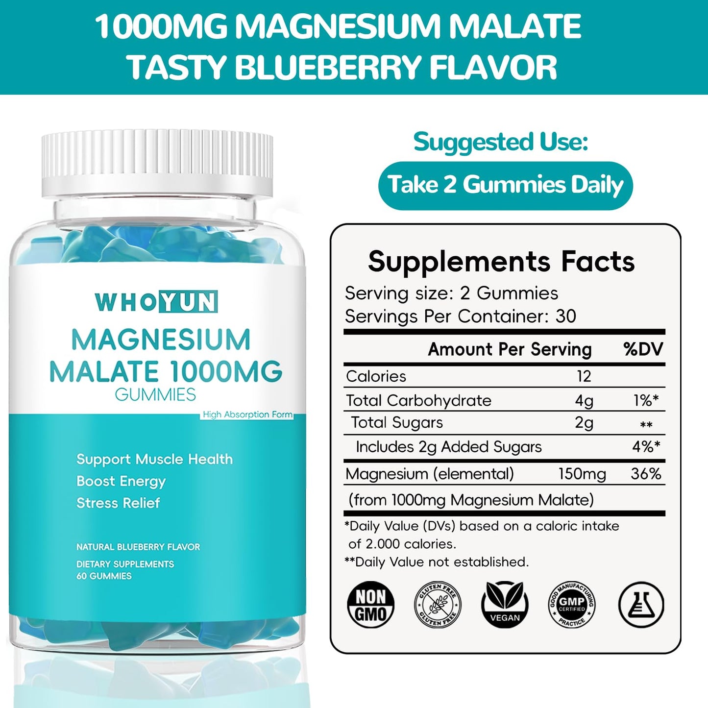 Whoyun Magnesium Malate Gummies 1000mg | Enhanced Absorption, Energy & Muscle Health | 60 Count