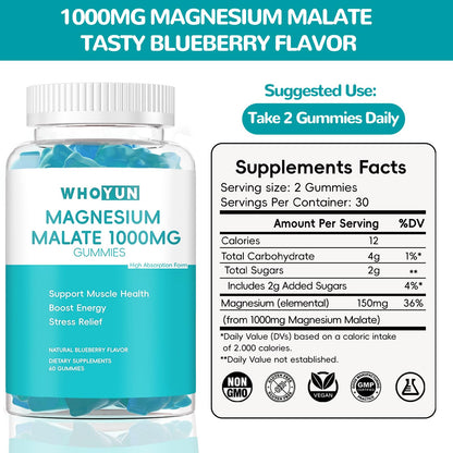 Whoyun Magnesium Malate Gummies 1000mg | Enhanced Absorption, Energy & Muscle Health | 60 Count