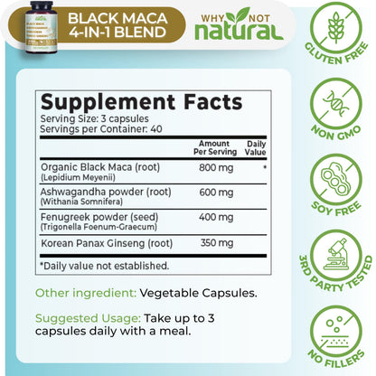 Why Not Natural 4-in-1 Organic Black Maca Root, Ashwagandha, Fenugreek, Panax Ginseng Capsules, Supplement for Men and Women